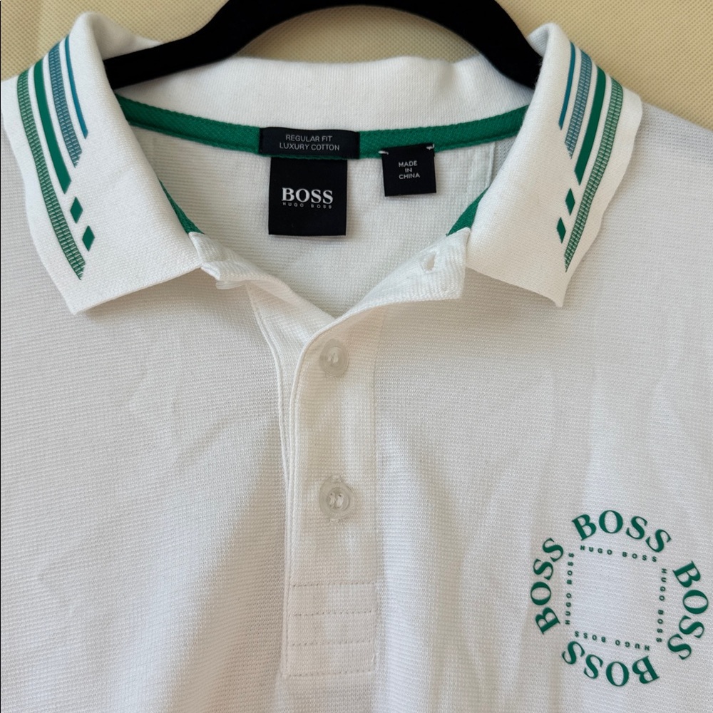 Boss White Polo with Green Stripes